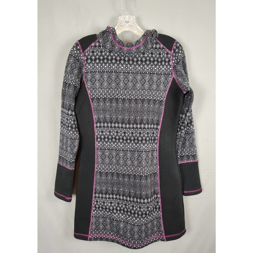 prAna Women's Size Small Long Sleeve Hooded Fleece Sweater Dress Black White